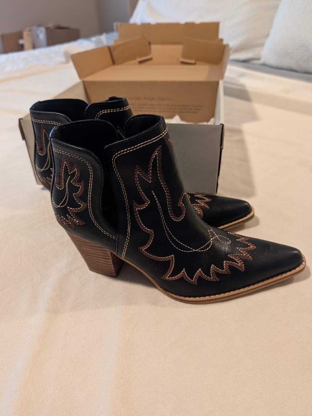 Women's Black Western Ankle Boots with Embroidered Detail